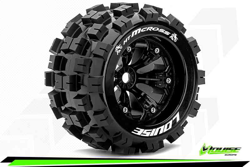 Louise RC-MT-MCROSS-1-8 Monster Truck Tire Set-Mounted-Sport-Felgen 3.8 Schwarz-0-Offset-Hex 17mm