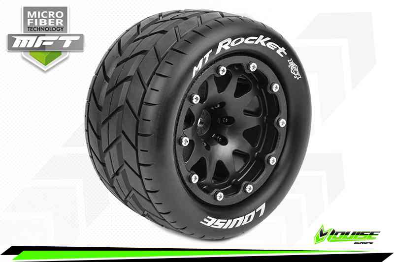 Louise RC-MFT-MT-ROCKET-1-10 Monster Truck Tire Set-Mounted-Sport-Black 2.8 Bead-Lock Wheels-1/2-Offset-Hex 12mm