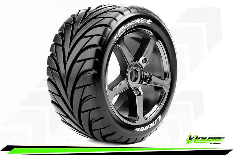 Louise RC-T-ROCKET-1-8 Truggy Tire Set-Mounted-Soft-Black-Chrome Spoke Wheels-0-Offset-Hex 17mm